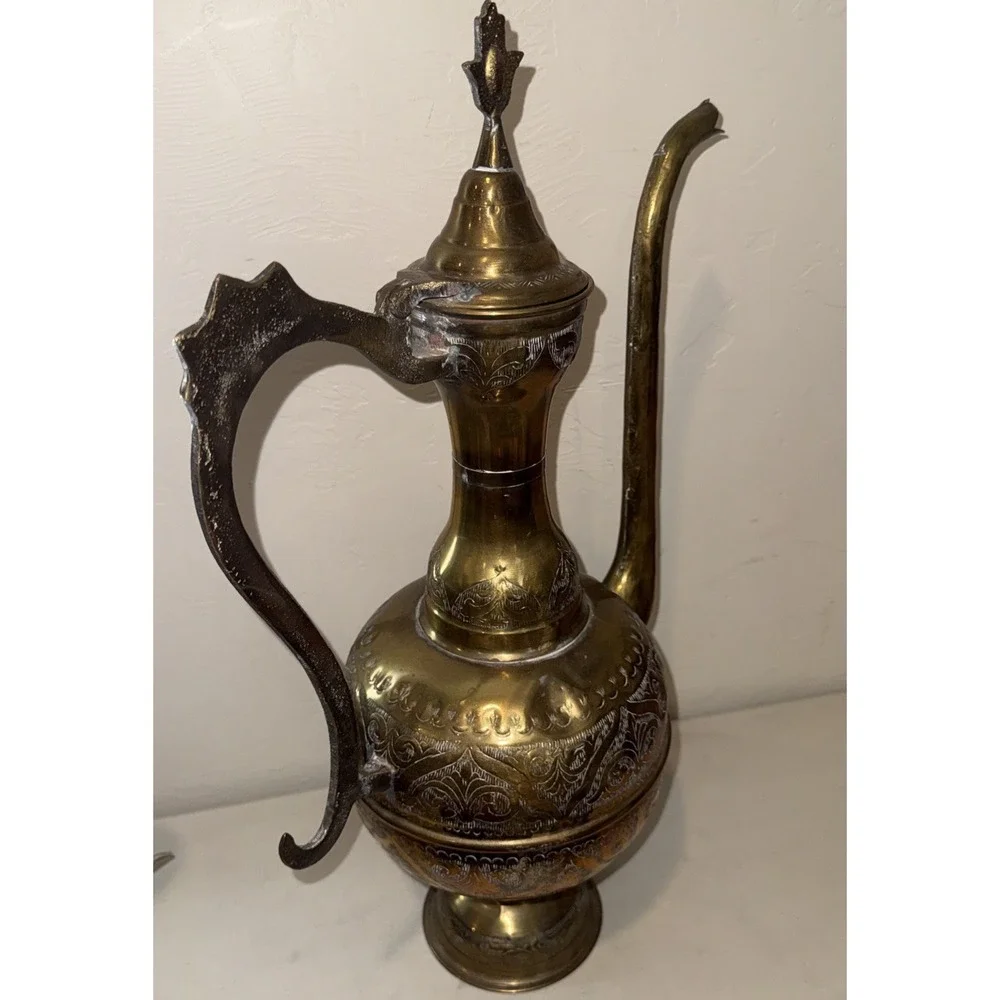 VTG LARGE HEAVY Brass Etched Aftaba Pot Ewer Pitcher 22